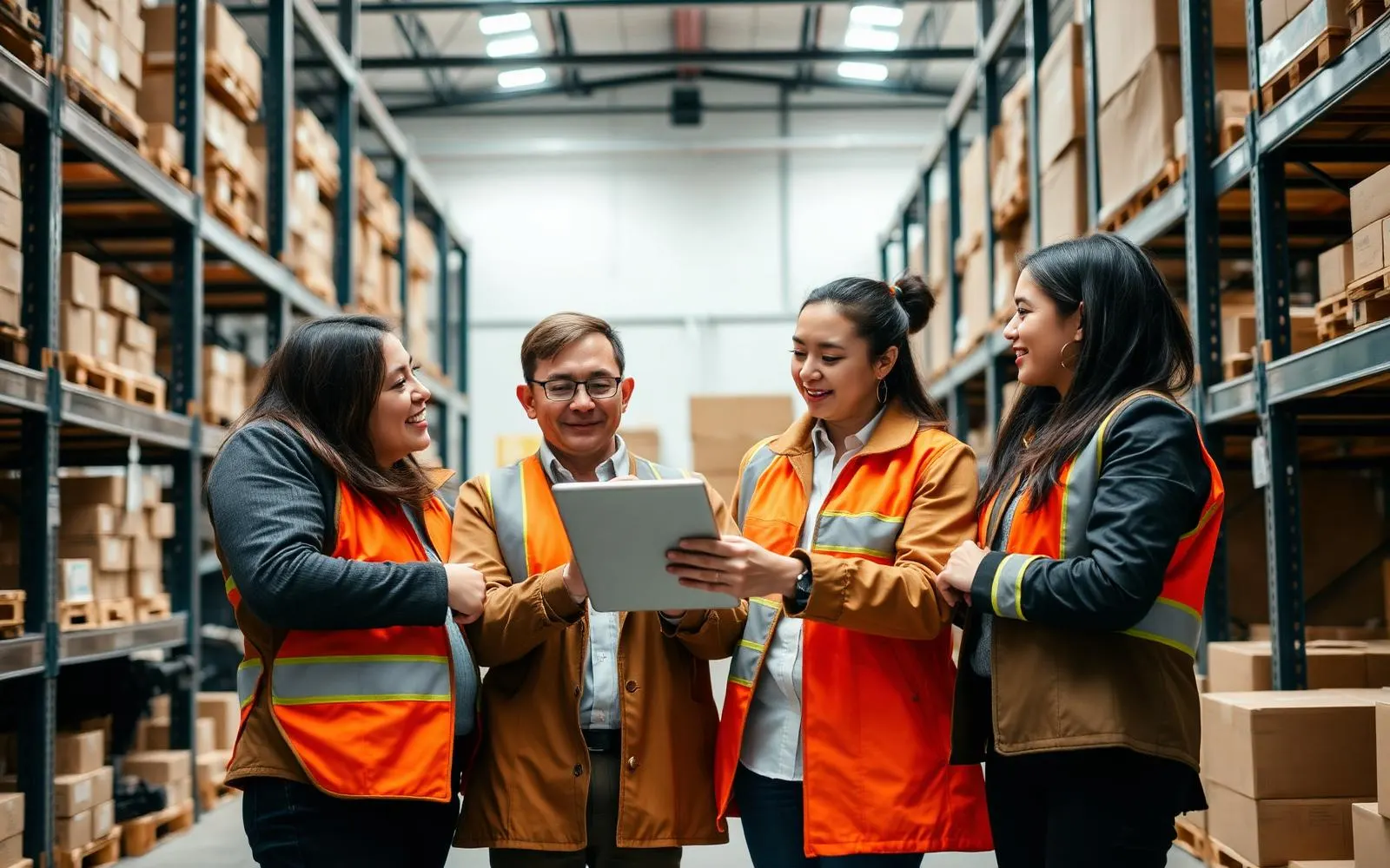 Logistics team analyzing warehouse flows with a tablet