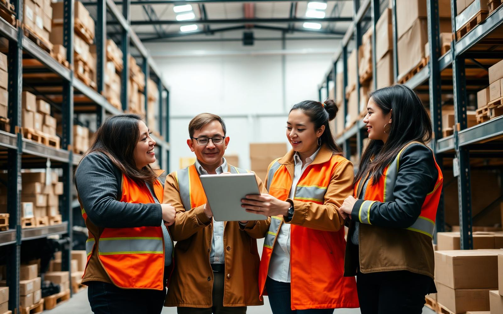 Team logistico che analizza flussi di magazzino con tablet